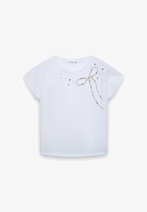 T-shirt bianca a maniche corte con un fiocco decorativo in perline e paillettes sul davanti, con una texture morbida e liscia.
