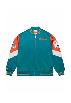 Türkisfarbener Satin-Bomberjacke mit orange- und weißen gestreiften Ärmeln. Enthält das Logo der Miami Dolphins auf einem Ärmel und bestickten Text auf der Vorderseite.