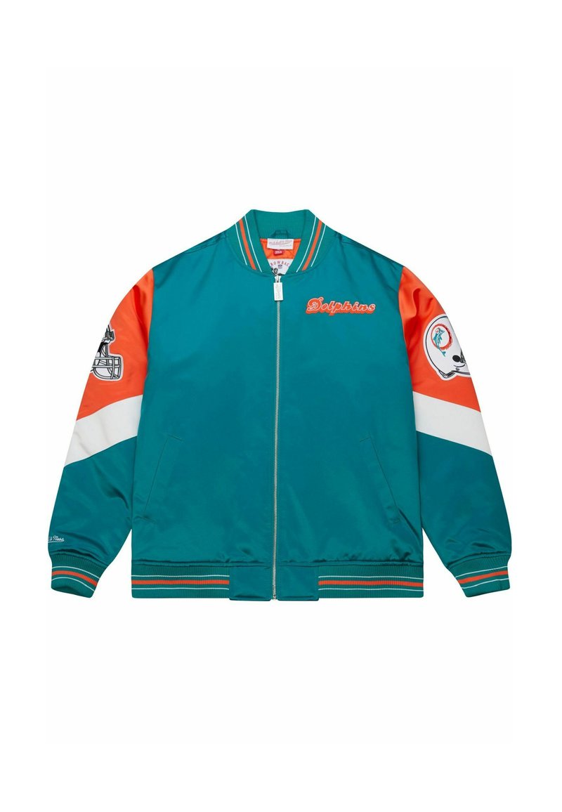 Türkisfarbener Satin-Bomberjacke mit orange- und weißen gestreiften Ärmeln. Enthält das Logo der Miami Dolphins auf einem Ärmel und bestickten Text auf der Vorderseite.
