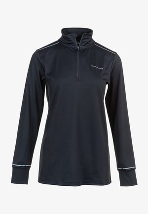 Schwarzer Langarmpullover mit halbem Reißverschluss, hohem Kragen und reflektierenden Streifen auf den Schultern, gefertigt aus einem atmungsaktiven, dehnbarem Stoff.