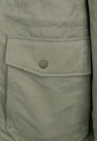 Détail d'une veste vert olive avec une grande poche à rabat fermée par un bouton. Texture lisse avec des lignes de couture visibles.