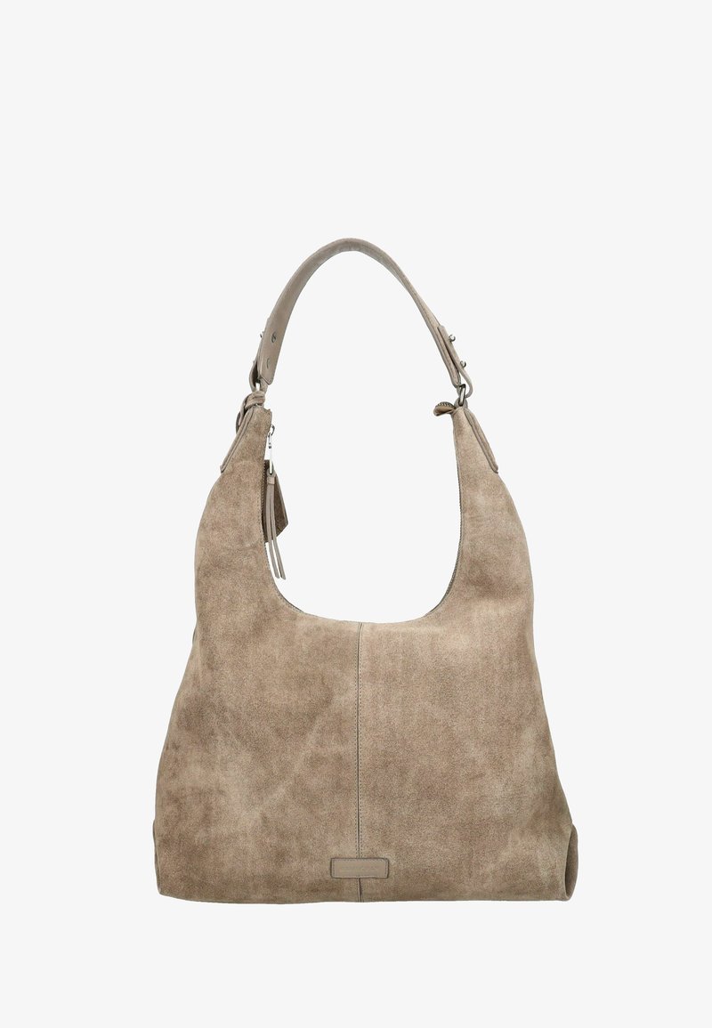 Borsa a spalla in suede color taupe con tracolla singola, texture morbida e dettaglio di chiusura con cerniera su sfondo bianco semplice.