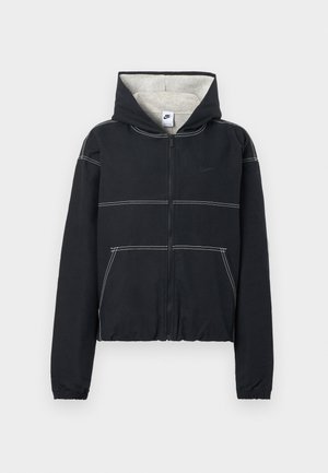 Black zip-up hooded jacket with light gray lining, elastic cuffs, white stitching accents, and a small logo on the chest.