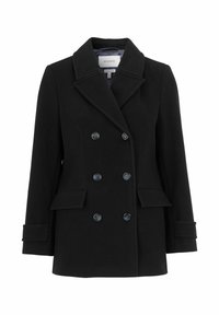 Svart dubbelknäppt kappa med notchad krage, två framfickor och marinblå knappar. Tillverkad av ett texturerat ullblandat tyg.