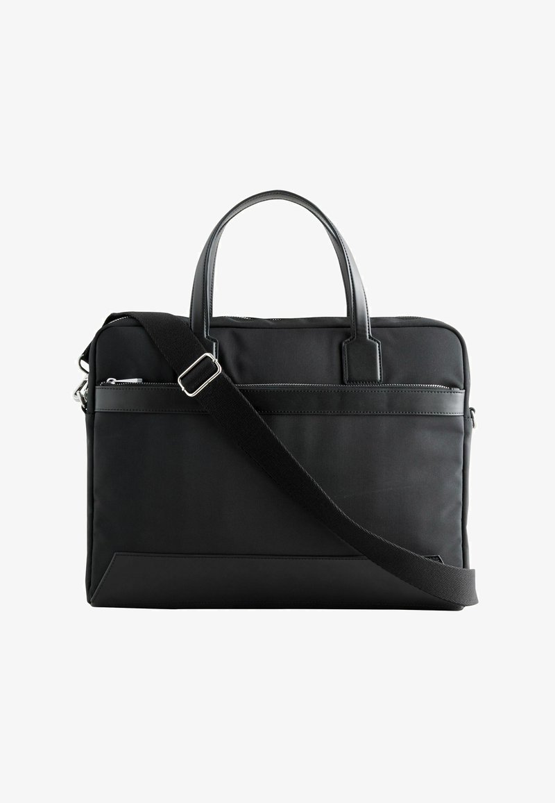 Czarna torba na laptopa z tkaniny z skórzanymi akcentami. Posiada podwójne uchwyty u góry oraz odpinany pasek na ramię. Gładka tekstura i minimalistyczny design.