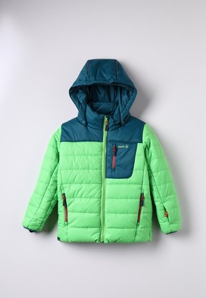 Jasnozielona kurtka puchowa z ciemnoturkusowym kapturem i górną częścią. Posiada dwie zapinane na zamek kieszenie oraz ściągacze przy rękawach. Strukturalny pikowany wzór.