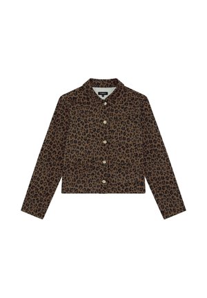 Veste marron à boutons imprimée léopard, à manches longues, col, et deux poches plaquées devant, marque Caroll, taille 38.