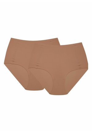 High-waisted, ribbed brief underwear in a light brown color, featuring smooth elastic waistband and seamless edges. Two pairs shown.