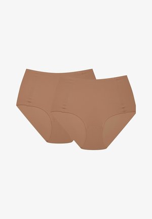 Majtki o wysokim stanie, prążkowane, w jasnobrązowym kolorze, z gładką elastyczną gumką i bezszwowymi krawędziami. Przedstawione dwie pary.