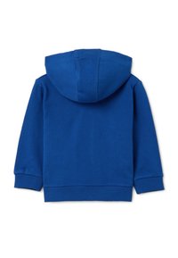 Sudadera azul con capucha, material de algodón, puños y dobladillo acanalados, costuras planas y textura suave. Presenta un diseño simple y clásico.