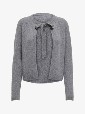 Grå strikket cardigan med rund hals, åpen front og knytebelte ved halsen. Lange ermer og ribbede kanter. Strukturert stoff.