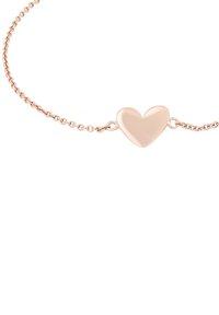 Bracciale in oro rosa con un morbido ciondolo a forma di cuore al centro, collegato da una delicata catena intrecciata.