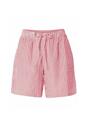 Shorts rayés rouges et blancs en tissu léger, dotés d'une taille à cordon et de détails texturés sur les côtés.