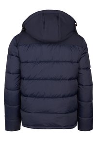 Chaqueta acolchada en azul marino. Cuenta con una capucha, diseño acolchado con costuras horizontales y puños elásticos. Textura suave, material ligero.