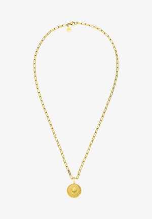 Goldene Metallkette mit einer flachen Gliederung und einem runden Anhänger, der ein detailliertes, strukturiertes Design und einen verdrillten Rand aufweist.