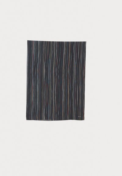 Fular cu dungi multicolore, cu linii verticale subțiri pe un fundal închis. Fabricat dintr-un material ușor, cu o textură moale.