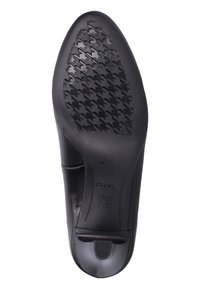 Black leather shoe sole featuring a textured houndstooth pattern, with a cushioned heel and "High Soft" branding. Design emphasizes comfort.