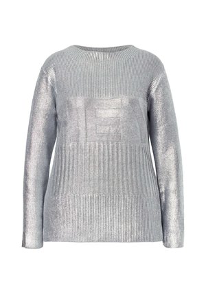 Srebrny sweter dzianinowy o żeberkowej strukturze i prostym kroju. Posiada wzorzyste poziome i pionowe paski. Długie rękawy i okrągły dekolt.