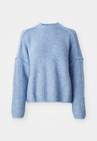 Helles blau gestricktes Sweatshirt aus weichem Material. Mit gerippten Ärmeln und einem runden Ausschnitt, hat es einen lockeren Schnitt am Saum.