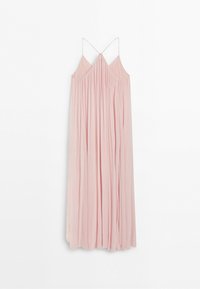 Light pink sleeveless dress with thin crisscross straps and a flowing pleated design extending to the floor.