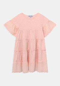 Różowa sukienka z krótkim rękawem, wykonana z miękkiego materiału, z warstwowym krojem, falbaniastymi końcami oraz wyszywanymi akcentami w kształcie muszli.