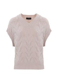 Korte mouwen, v-hals gebreide pullover in zacht beige met kabelbreipatroon en geribde zoom. Bevat subtiele glinsterende accenten.