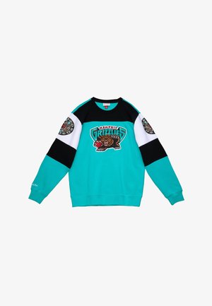 Turquoise crewneck-trui met zwarte en witte mouwen. Centraal "Memphis Grizzlies" logo met een berenafbeelding. Geborduurde details.