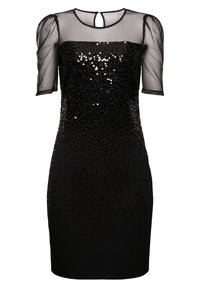 Černé flitrové šaty s průhlednými balónovými rukávy a kulatým výstřihem. Mají přiléhavý siluetu s detaily na zádech ve tvaru klíčové dírky.