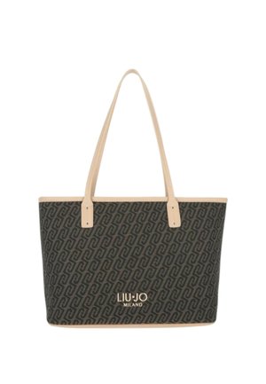 Borsa tote marrone scuro con manici beige, motivo ripetuto e logo "Liu Jo Milano" in oro al centro frontale.
