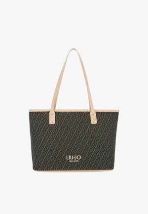 Borsa tote marrone scuro con manici beige, motivo ripetuto e logo "Liu Jo Milano" in oro al centro frontale.