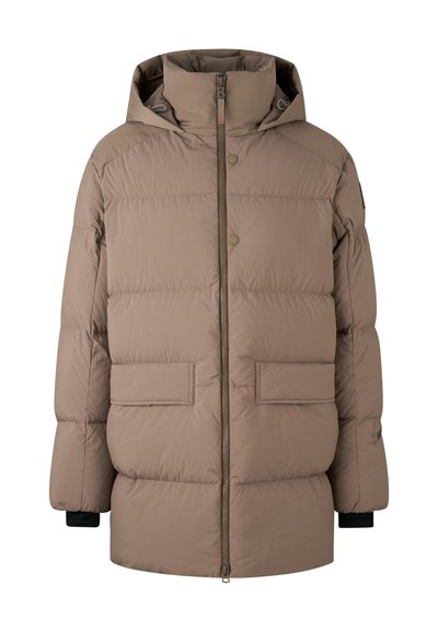 Puffer jacket in light brown, featuring a zip front, two large front pockets, and a hood. Smooth fabric with a soft texture.