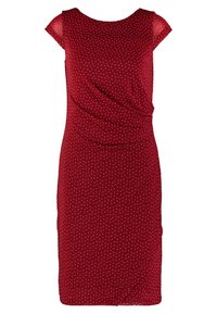 Rode jurk met een aansluitende silhouet, korte mouwen, een ronde halslijn en witte stippen, met een gedrapeerd detail aan de voorkant.
