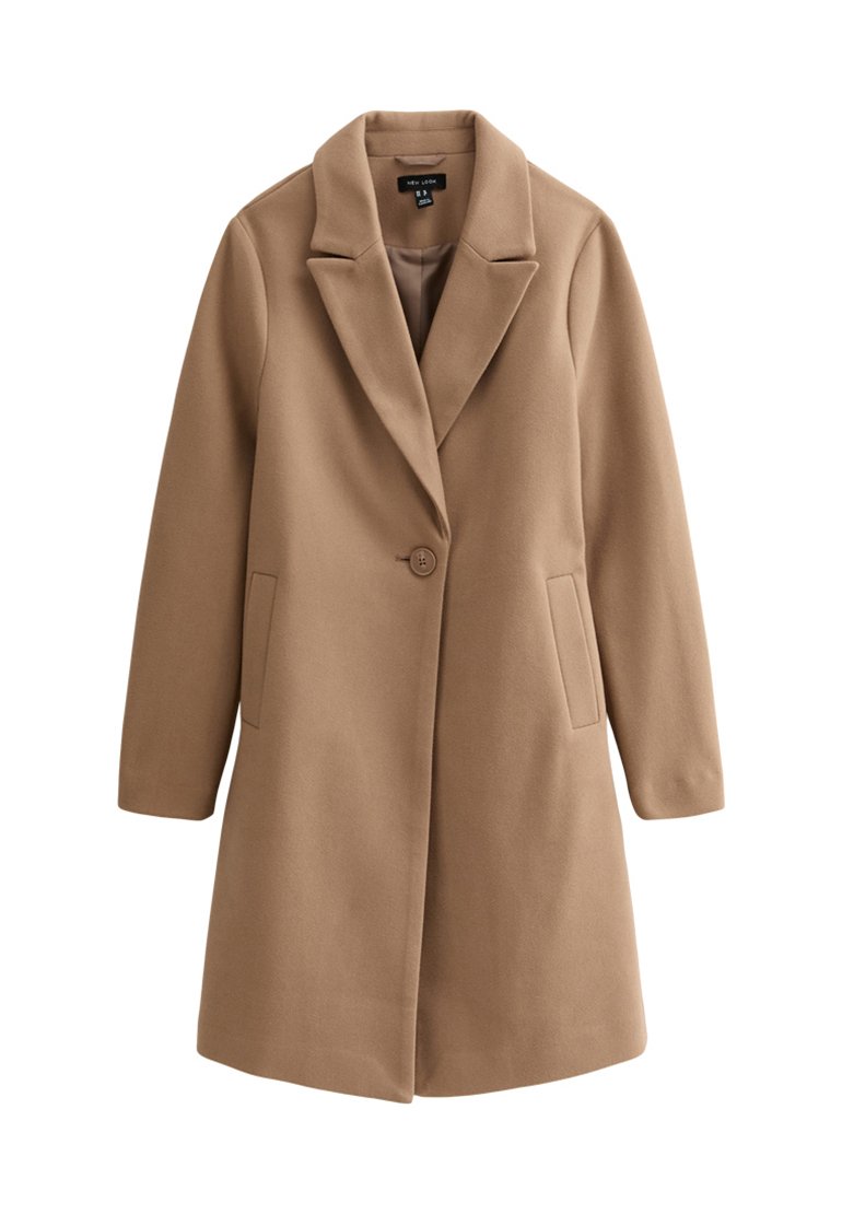 Camel-farbener Mantel aus weichem Stoff, mit Reverskragen, einer Knopfverschluss und seitlichen Taschen. Gerader Schnitt mit langen Ärmeln.