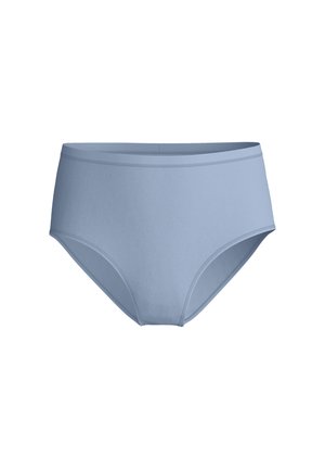 Light blue high-waist women's underwear briefs with smooth fabric and elastic waistband on white background.