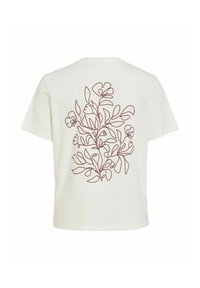 T-shirt blanc à manches courtes avec un dessin floral rouge brodé dans le dos, comprenant des feuilles et des fleurs dans un design fluide.