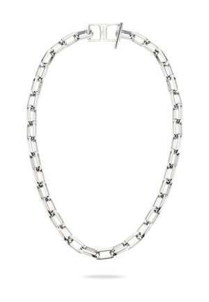 Collier en chaîne argentée avec de gros maillons rectangulaires et un fermoir à bascule gravé du nom de la marque Liebeskind.