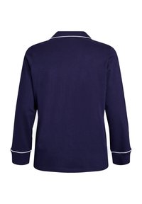 Camicia a maniche lunghe blu navy con colletto, rifiniture bianche su polsini e colletto, e una trama di tessuto liscia. Visualizzazione del retro.