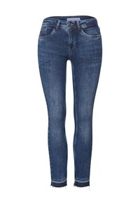 Wąskie jeansy w ciemnoniebieskim denimu z wyblakłym wykończeniem, z wysokim stanem, pięcioma kieszeniami oraz postrzępionymi brzegami. Gładka tekstura, dopasowany krój.