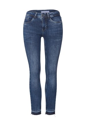 Schmale Jeans aus dunkelblauem Denim mit einem ausgewaschenen Finish, mit hoher Taille, fünf Taschen und ausgefransten Säumen. Griffige Textur, taillierte Passform.