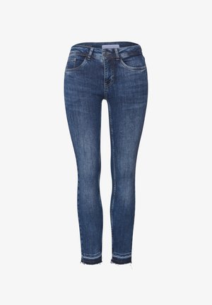 Schmale Jeans aus dunkelblauem Denim mit einem ausgewaschenen Finish, mit hoher Taille, fünf Taschen und ausgefransten Säumen. Griffige Textur, taillierte Passform.
