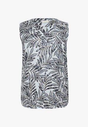 Sleeveless blouse in light fabric with a floral leaf pattern in navy blue and white, featuring a V-neckline and curved hem.