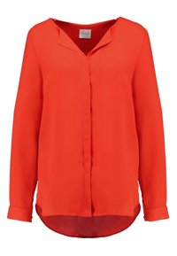 Blouse rouge à manches longues en tissu léger, avec un col en V et une patte de boutonnage sur le devant, ourlet arrondi et manches à revers.