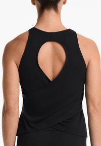 Black athletic tank top featuring a keyhole back design, wrap-style front, soft texture, and smooth fabric.