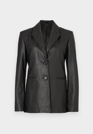Sort læderblazer med skræddersyet design, to forlommer og en enkelt knaplukning. Har spidse revers og glat overflade.
