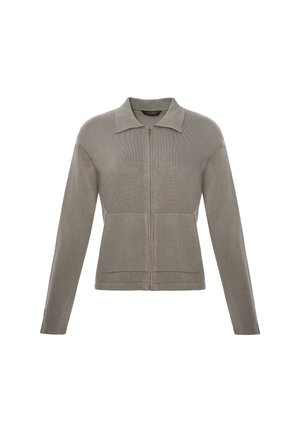 Veste zippée gris clair avec un col, deux poches avant et des manches longues. Fabriquée à partir d'un matériau texturé doux.