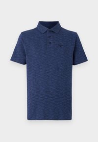 Camisa polo azul-marinho com um padrão texturizado, três botões no colarinho e um pequeno logótipo preto na área do peito esquerdo.