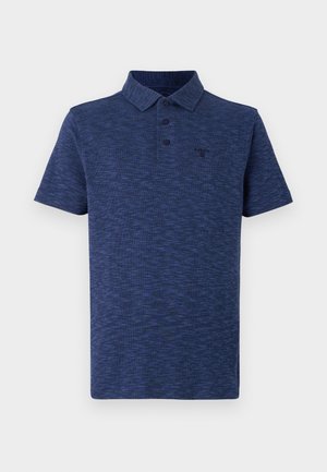 Navy blue polo shirt with a textured pattern, three buttons at the collar, and a small black logo on the left chest area.