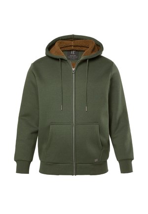 Grüne Zip-Hoodie mit einer strukturierten braunen Fleece-Innenausstattung. Ausgestattet mit Fronttaschen, Kordelzügen sowie gerippten Bündchen und Saum. Weicher Baumwoll-Mischmaterial.