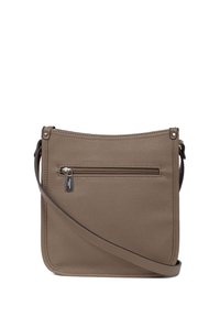 Borsa a tracolla in pelle marrone chiaro con texture liscia, chiusura superiore con zip e tasca frontale con zip. Presenta una tracolla regolabile e un design minimalista.