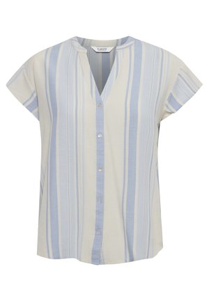 Leichte Bluse mit V-Ausschnitt und kurzen Ärmeln. Gestreiftes Muster in Hellblau und Beige. Vorderer Knopfverschluss, weiche Leinenstruktur.